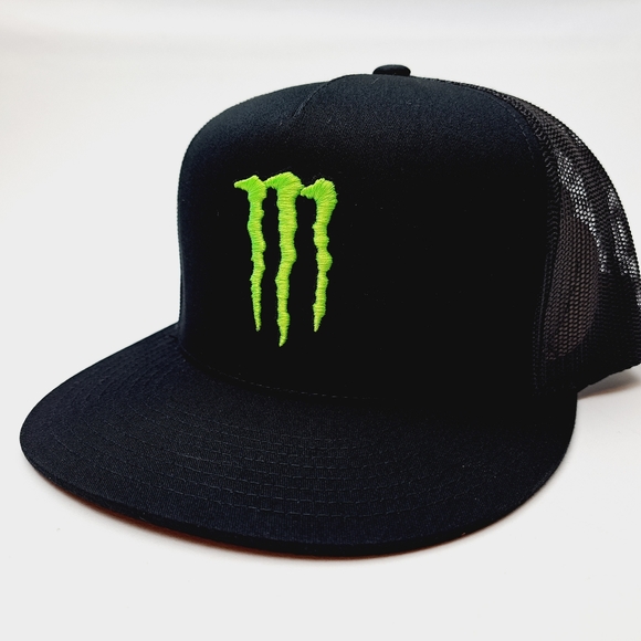 Monster Energy Flat Bill Trucker Mesh Snapback Hat Black - Picture 2 of 5